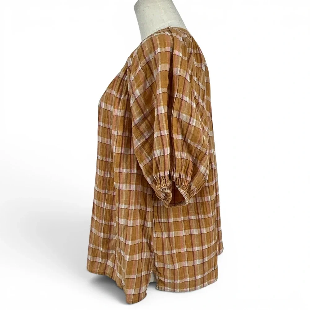 LOFT‎ Mustard Yellow Plaid Puff Sleeve Tie Neck Blouse Top Large Boho Cotton